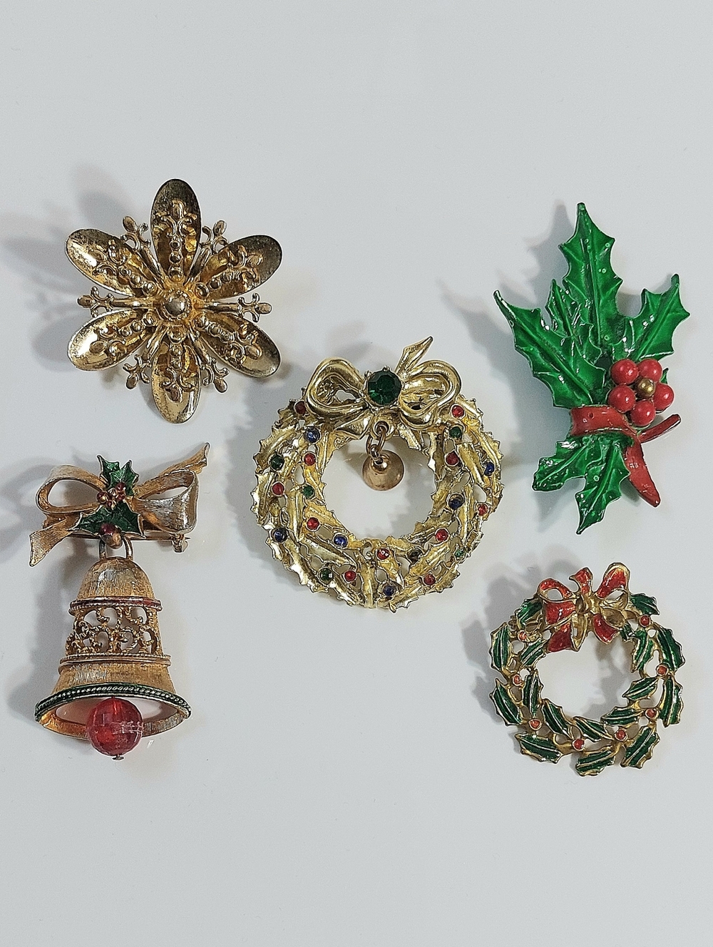 Vintage Christmas Brooch Lot - Gold & Green Holiday Pins